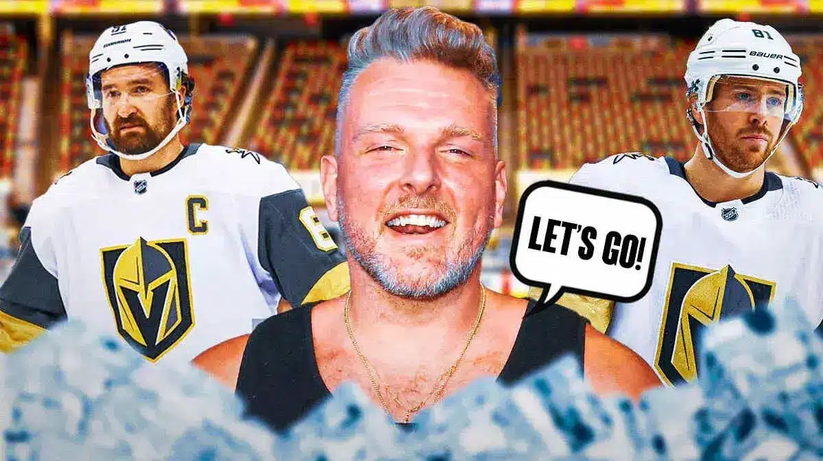 Pat McAfee on one side with a speech bubble that says “Let’s go!” Mark Stone and Jonathan Marchessault on the other side
