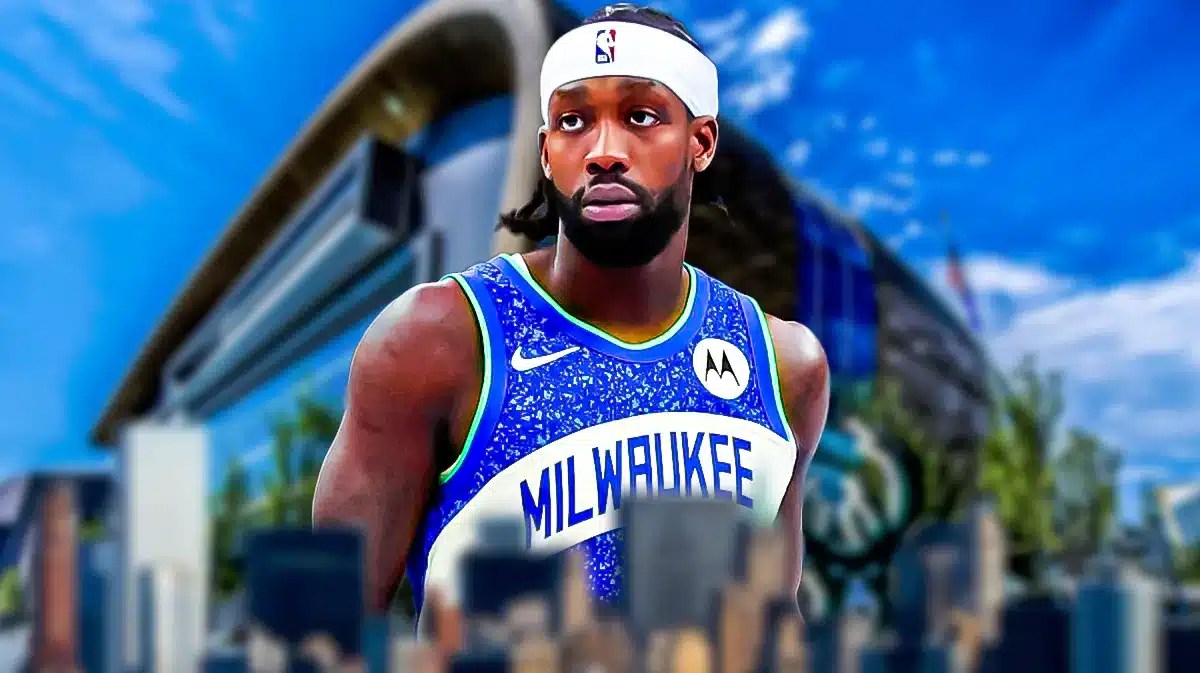 Patrick Beverley with the Bucks arena in the background, Sixers