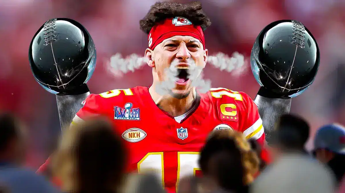 Chiefs' Patrick Mahomes with smoke coming out his nose and ears. Super Bowl trophy in the background