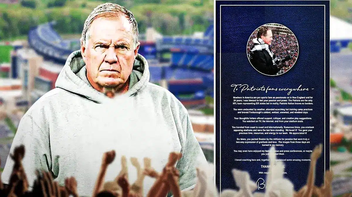 Patriots' Bill Belichick next to his letter to fans
