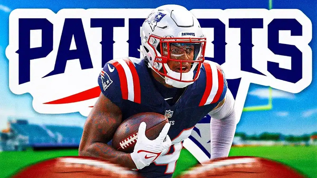 Photo: Kendrick Bourne in Patriots jersey with Patriots logo behind him