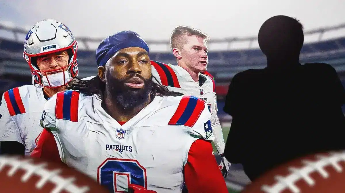 Mac Jones, Matthew Judon and Bailey Zappe next to a silhouette