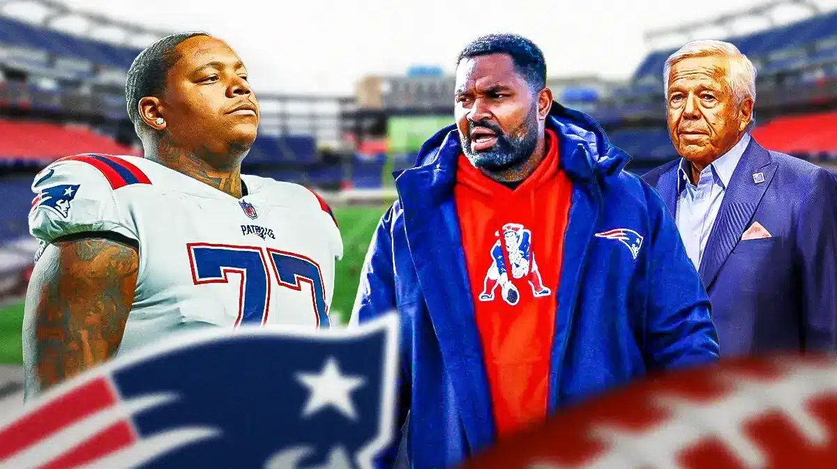 Trent Brown next to Jerod Mayo and Robert Kraft