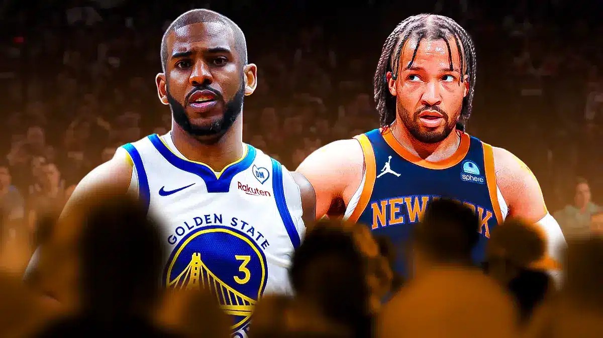 Chris Paul opposite Jalen Brunson with the Knicks arena in the background, Warriors