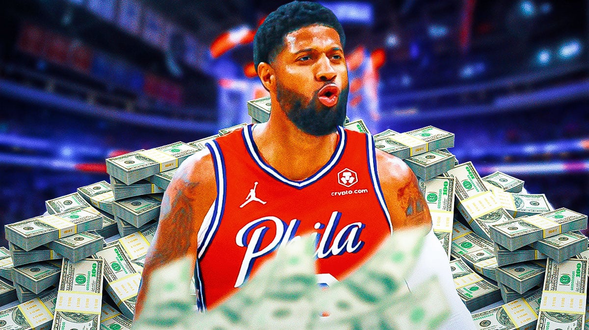 Paul George surrounded by piles of cash.