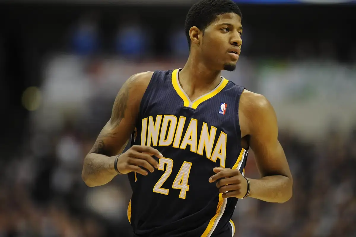 Paul George running on defense as a member of the Indiana Pacers