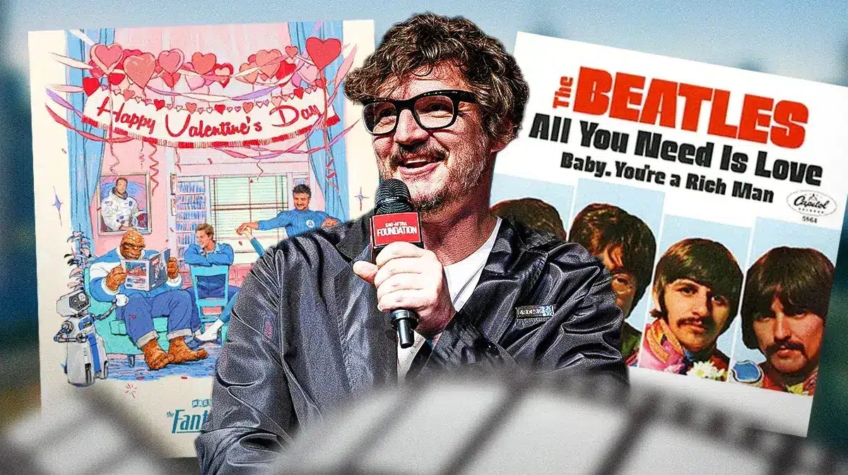 Pedro Pascal with MCU Fantastic Four poster and Beatles All You Need Is Love single cover.