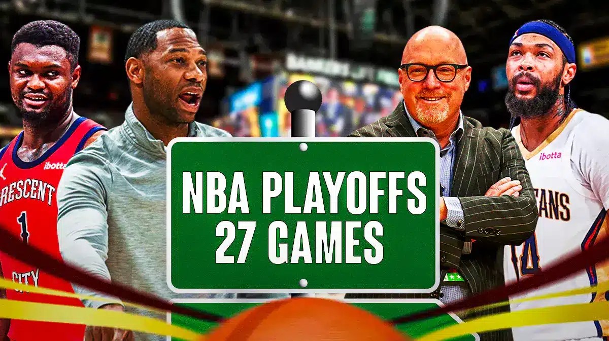Pelicans Zion Williamson, Willie Green, David Griffin, Brandon Ingram at a crossroads. Sign has directions to NBA Playoffs 27 games (instead of City - Miles).