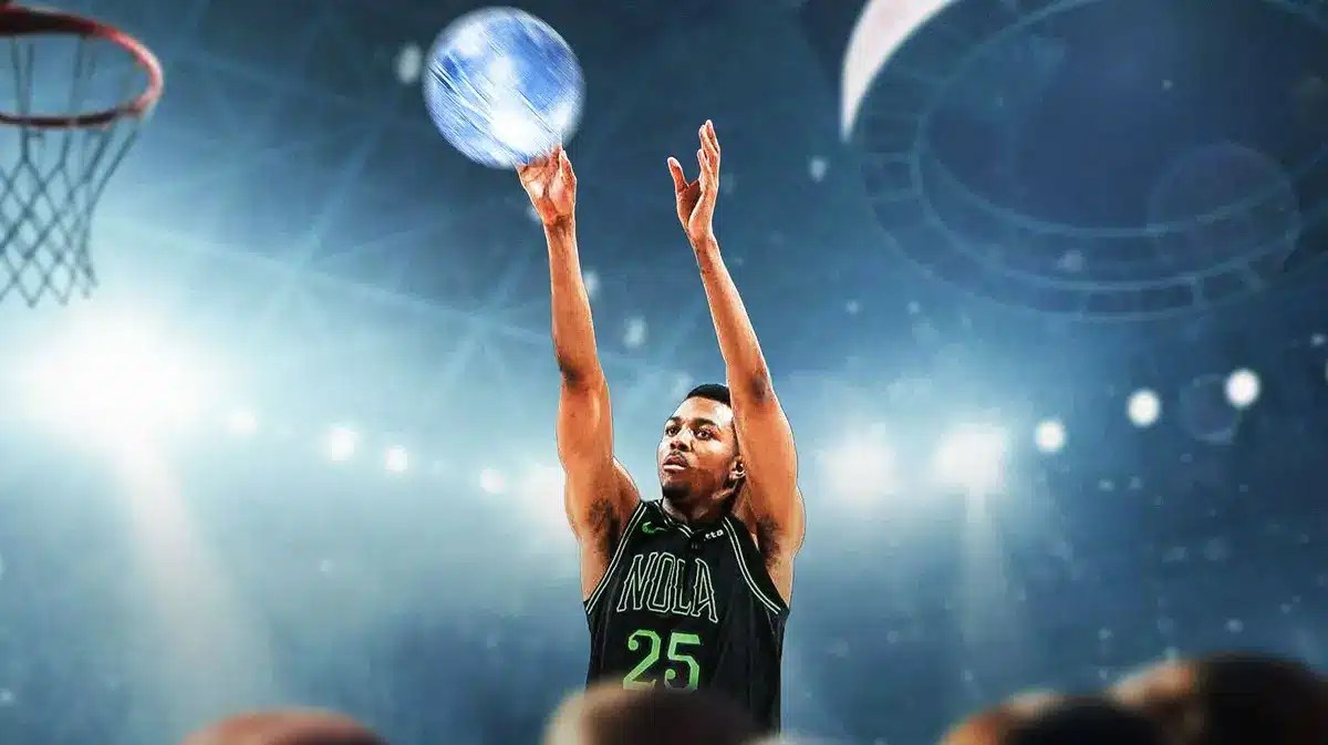 Pelicans' Trey Murphy III shooting a ball that is wrapped with ice