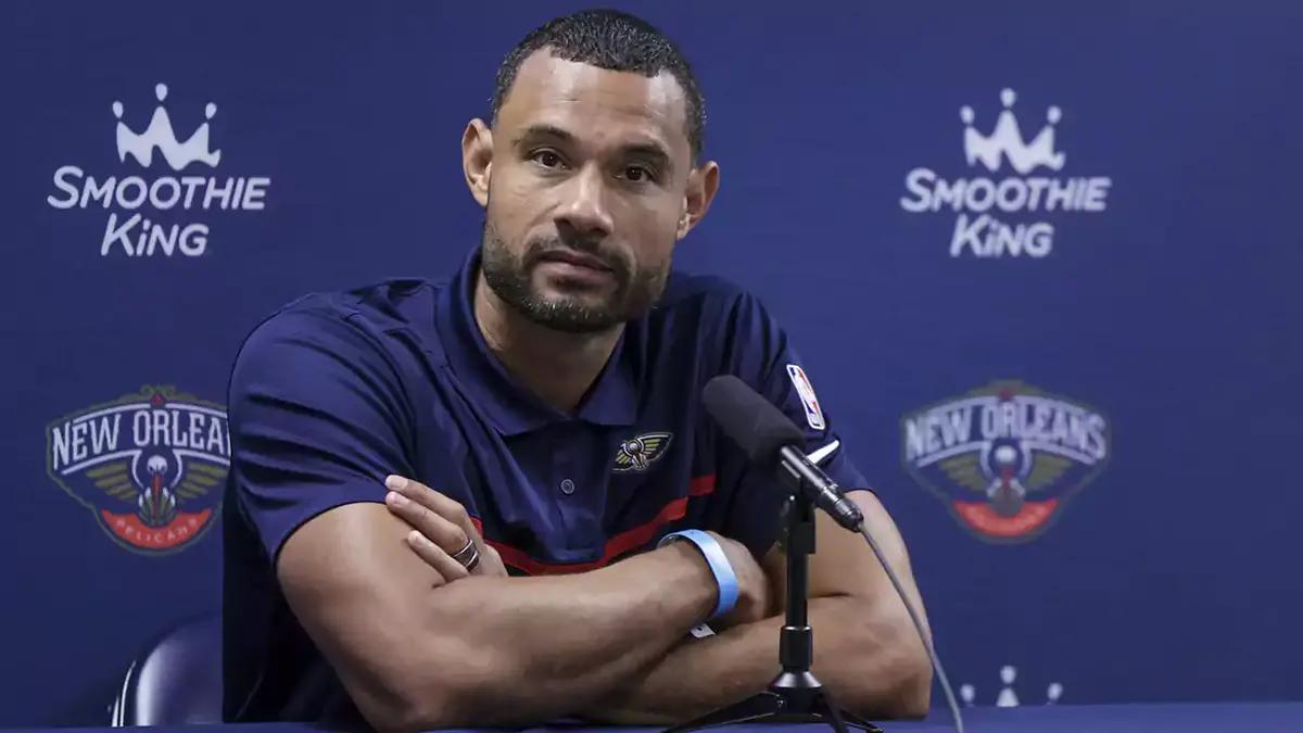  New Orleans Pelicans general manager Trajan Langdon speaks during Media Day at the Smoothie King Center. 