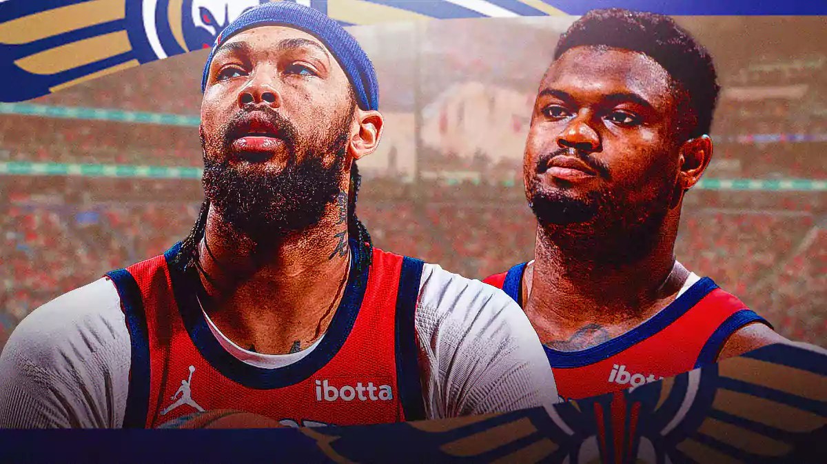 Zion Williamson and Brandon Ingram with the Pelicans arena in the background, NBA Trade Deadline
