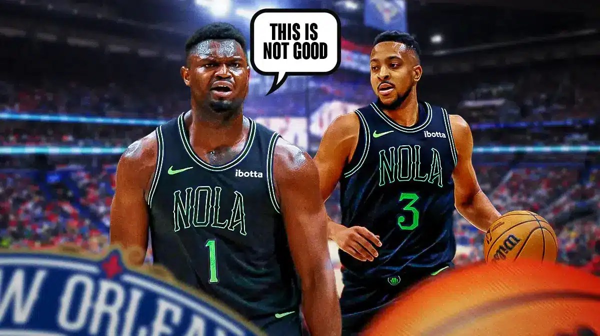 Pelicans' Zion Williamson and Pelicans' CJ McCollum both looking serious. Have Williamson saying the following: This is not good.
