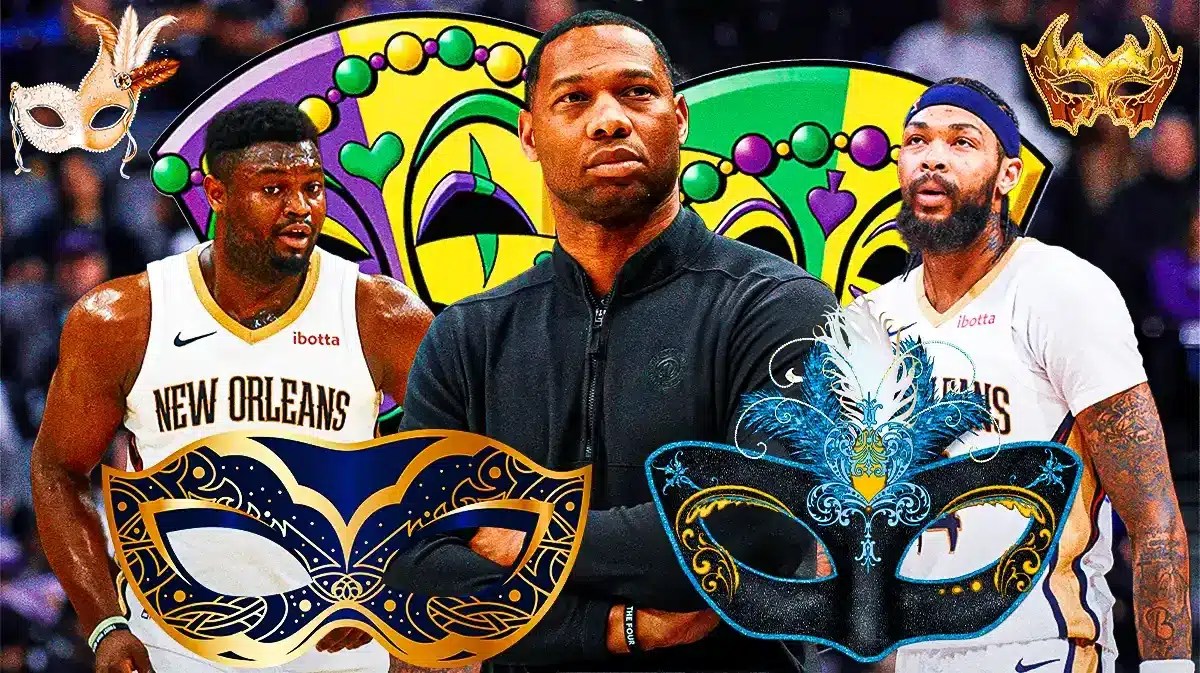 Willie Green, Zion Williamson, Brandon Ingram. Mardi Gras decorations in background