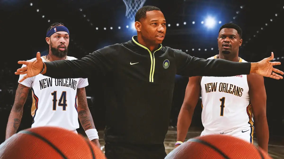 Willie Green with his arms up like he is playing defense. Zion Williamson and Brandon Ingram looking upset