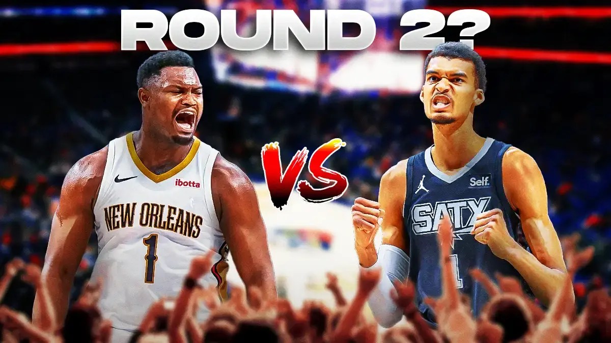 Pelicans' Zion Williamson “VS” Spurs Victor Wembanyama with “ROUND 2?” across the top