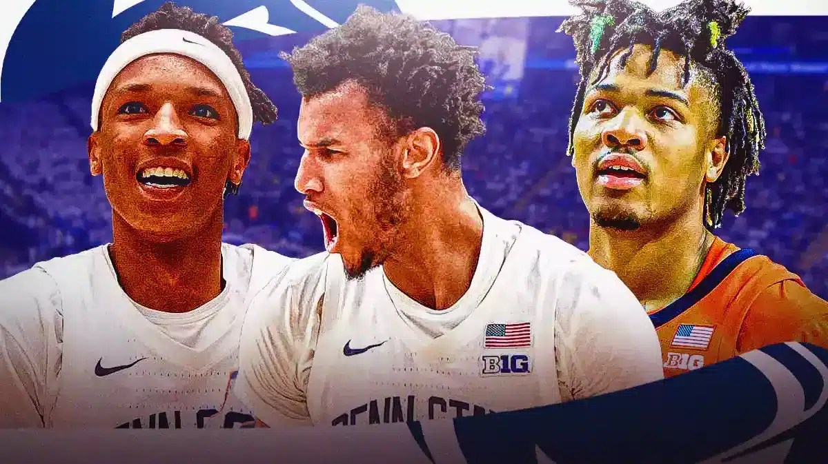 Penn State Nittany Lions' Nick Kern Jr. and Zach Hicks hyped up, with Illinois Fighting Illini’s Terrence Shannon Jr. looking disappointed