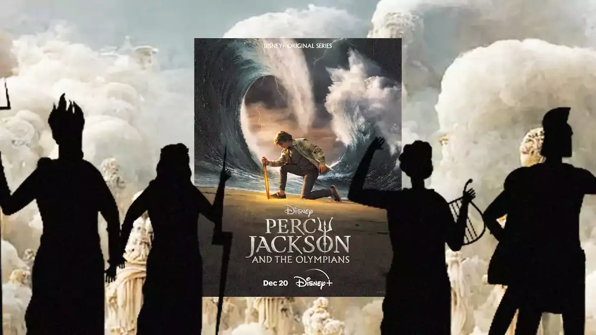 Disney+'s Percy Jackson and the Olympians poster; silhouettes of Greek gods and goddesses