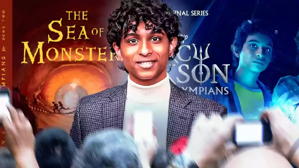 Percy Jackson and the Olympians poster and Sea of Monsters book cover with Aryan Simhadri.