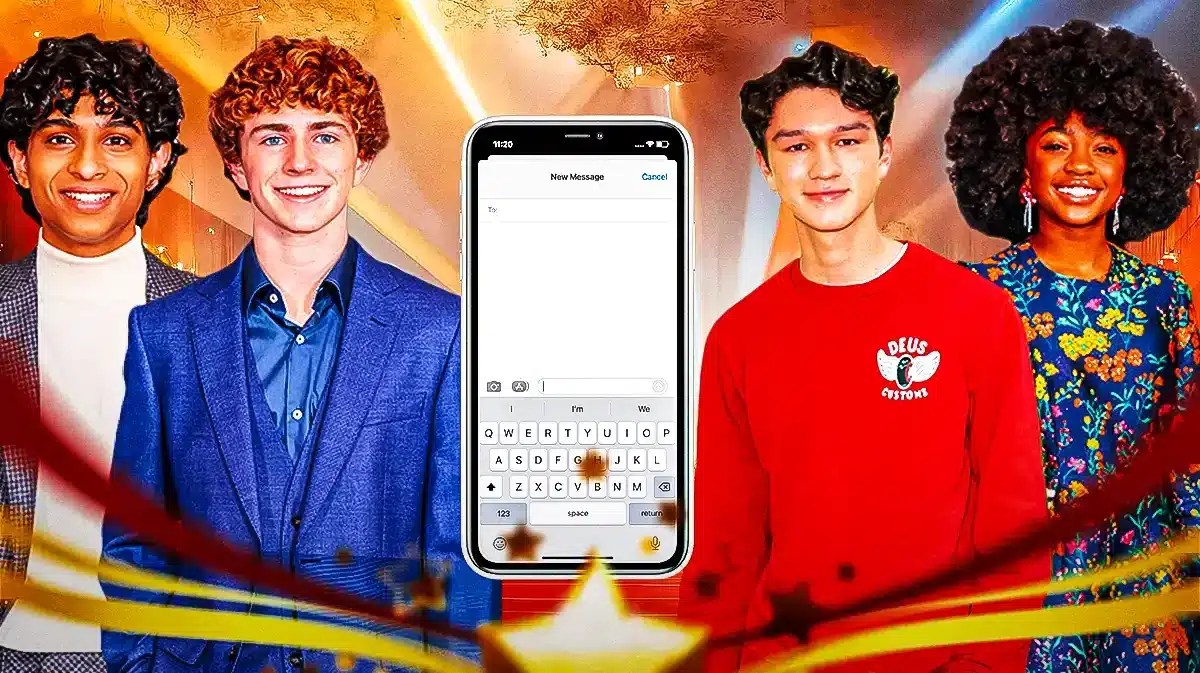 Percy Jackson and the Olympians cast members Aryan Simhadri, Walker Scobell, Charlie Bushnell, and Leah Sava Jeffries with iPhone messages app.