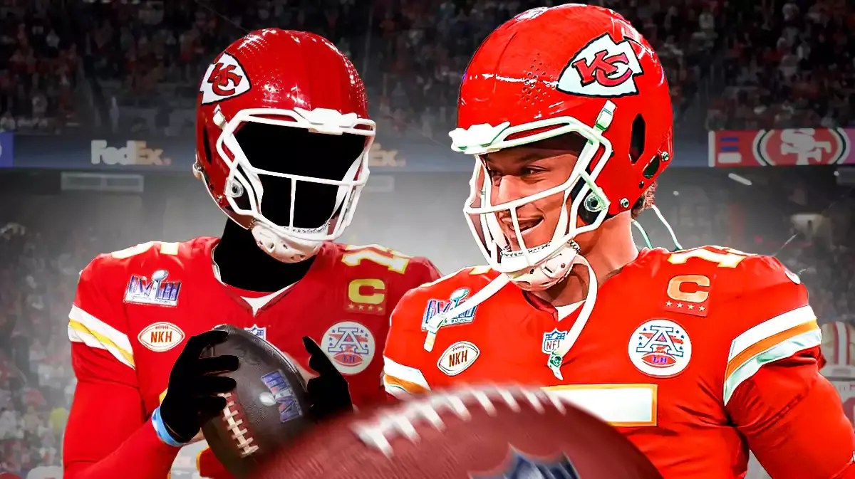 Patrick Mahomes looking happy. Add mystery player in Chiefs jersey
