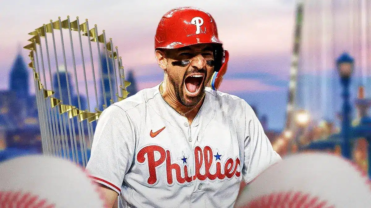 Phillies player Nick Castellanos, with a World Series trophy in the background and the city of Philadelphia, with baseballs along the edge of the graphic