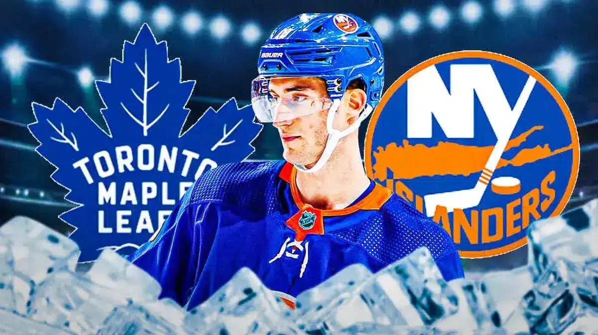 Pierre Engvall in middle of image looking happy, TOR Maple Leafs and NY Islanders logos, hockey rink in background