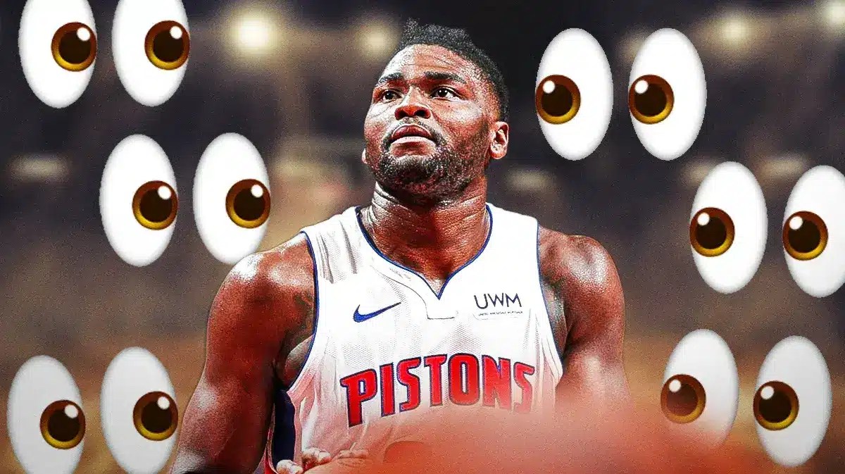 Isaiah Stewart with a speech bubble that says “Sorry!” and a bunch of the big eyes emojis in the background