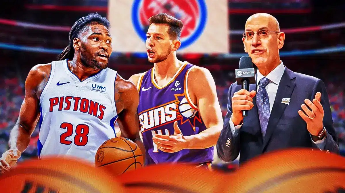 Pistons' Isaiah Stewart with Drew Eubanks and Adam Silver