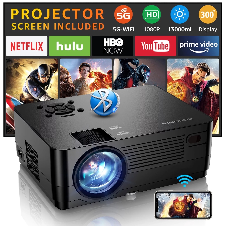 ROCONIA 5G WiFi Bluetooth Native 1080P Projector on a white background.