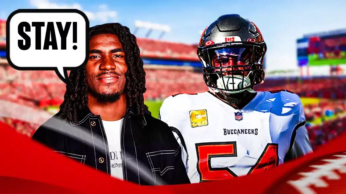 Rachaad White with speech bubble “STAY!” to Lavonte David with Buccaneers background.