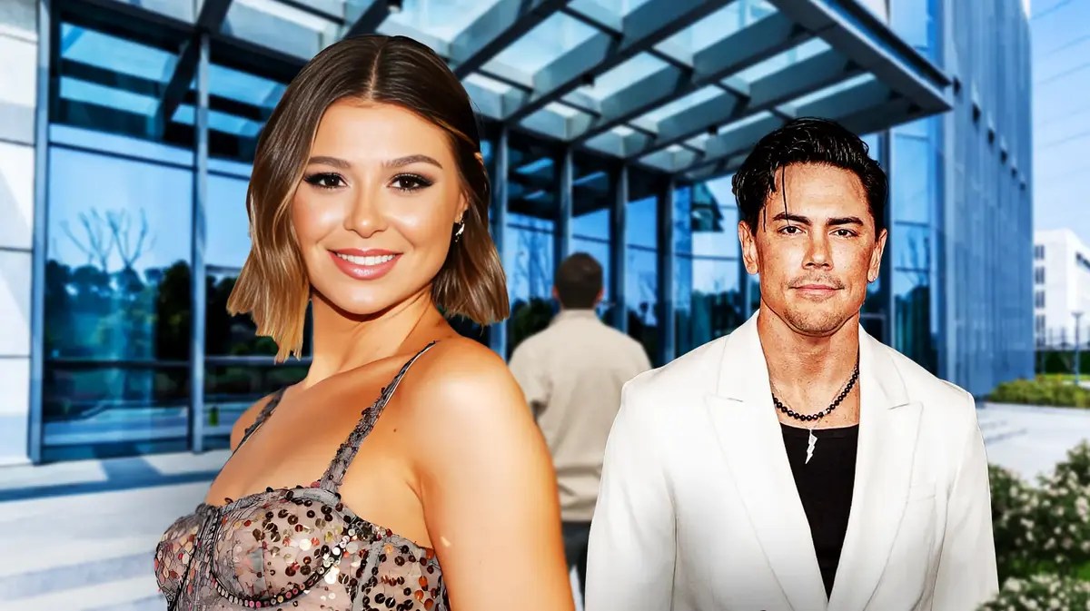 Rachel Leviss and Tom Sandoval with a building behind them