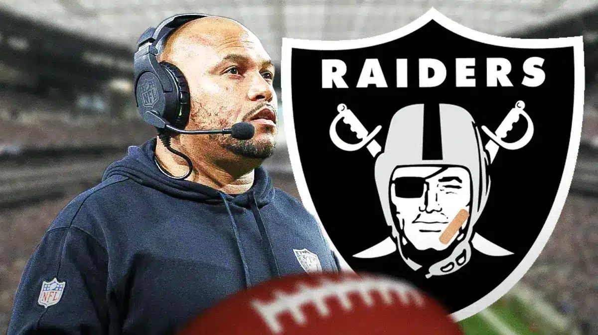 Las Vegas Raiders head coach Antonio Pierce next to a Raiders logo with a Band-Aid on it