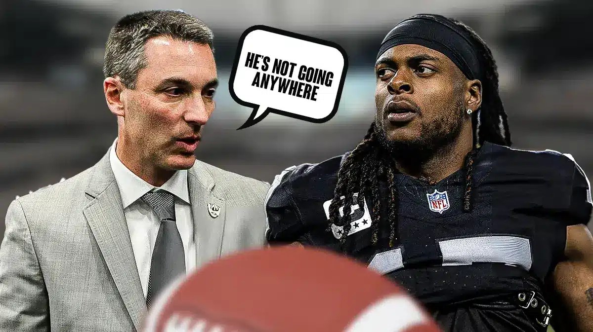 Davante Adams (Raiders) next to Tom Telesco Caption from Telesco saying ‘He’s not going anywhere”