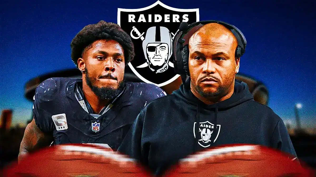 Raiders Josh Jacobs next to Raiders Antonio Pierce with a Raiders logo between them