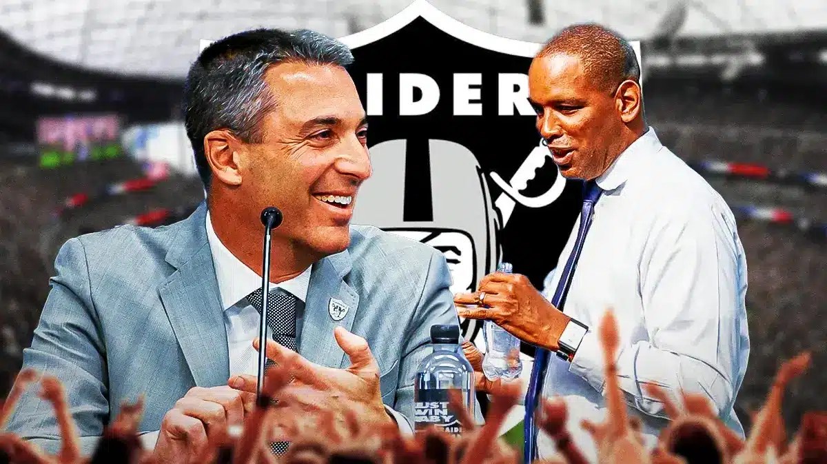 Tom Telesco and JoJo Wooden in front of a Raiders logo at Allegiant Stadium