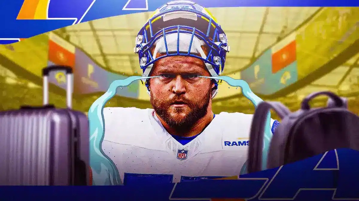 Rams' Brian Allen with animated tears. while having a backpack and a luggage