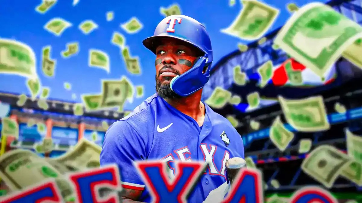 Adolis Garcia with dollar bills flying