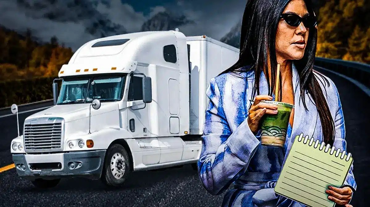 Kourtney Kardashian with 18-wheeler behind her and a note