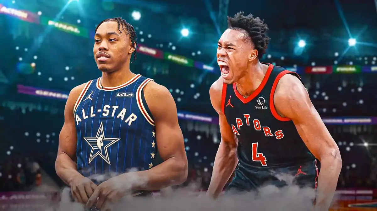 Raptors' Scottie Barnes hyped up, with a picture of him in the 2024 All-Star Game uniform on the side