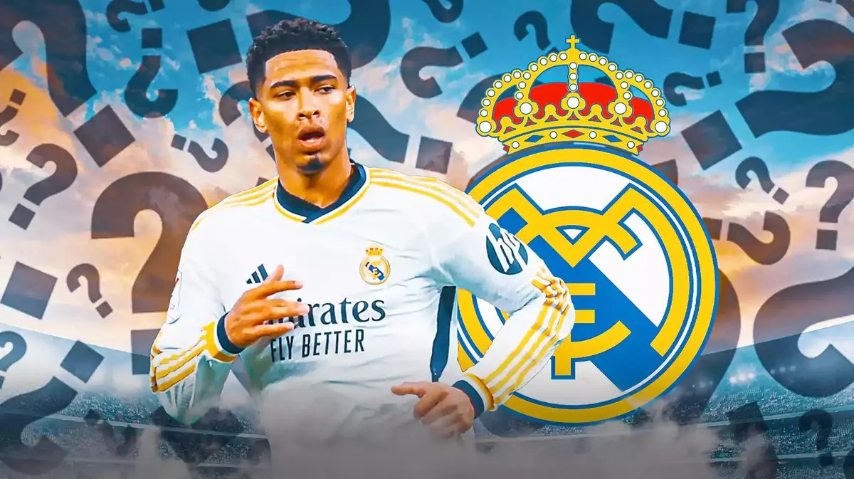 Jude Bellingham in front of the Real Madrid logo, questionmarks around him