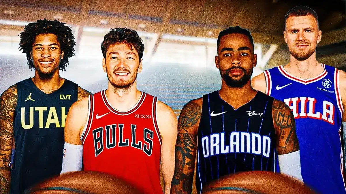 Kristaps Porzingis in 76ers jersey, Kelly Oubre Jr. in Jazz jersey, Cedi Osman in Bulls jersey, D’Angelo Russell in Magic jersey.