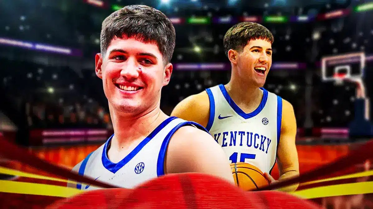 Kentucky basketball star Reed Sheppard in front of the Rupp Arena.