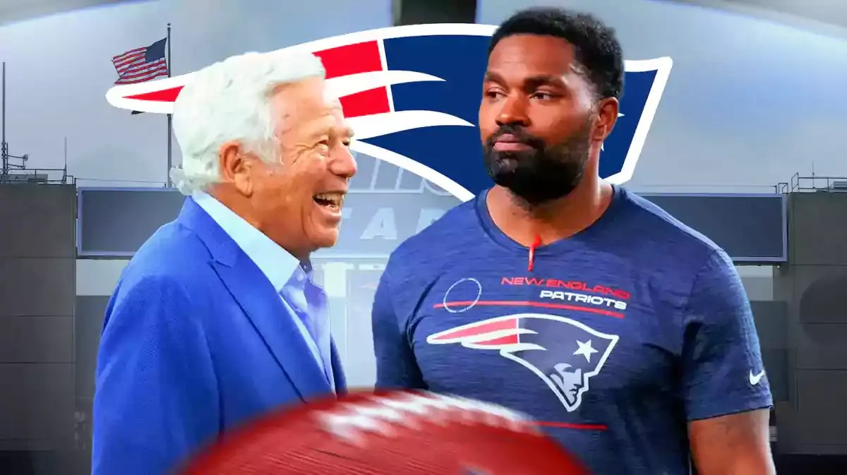 Robert Kraft smiling at Jerod Mayo in front of Foxboro Stadium