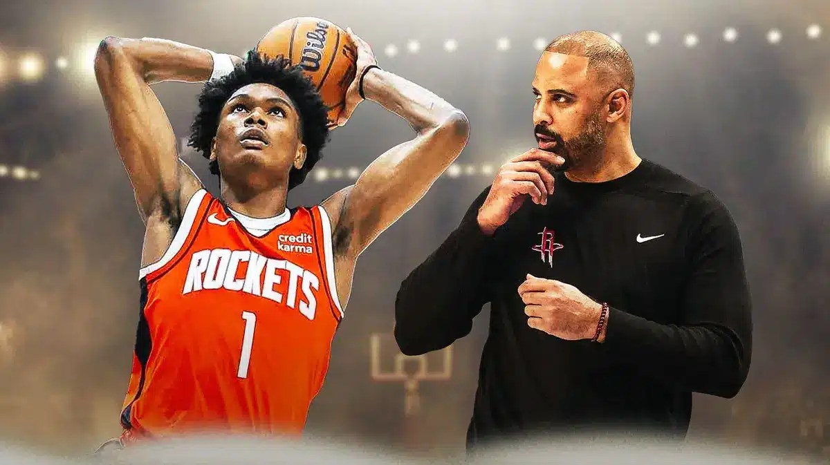 Rockets' Ime Udoka pondering, and Amen Thompson going in for a dunk.
