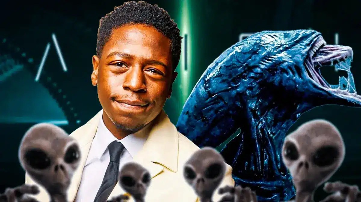 David Jonsson next to a xenomorph with the Alien franchise logo in the background