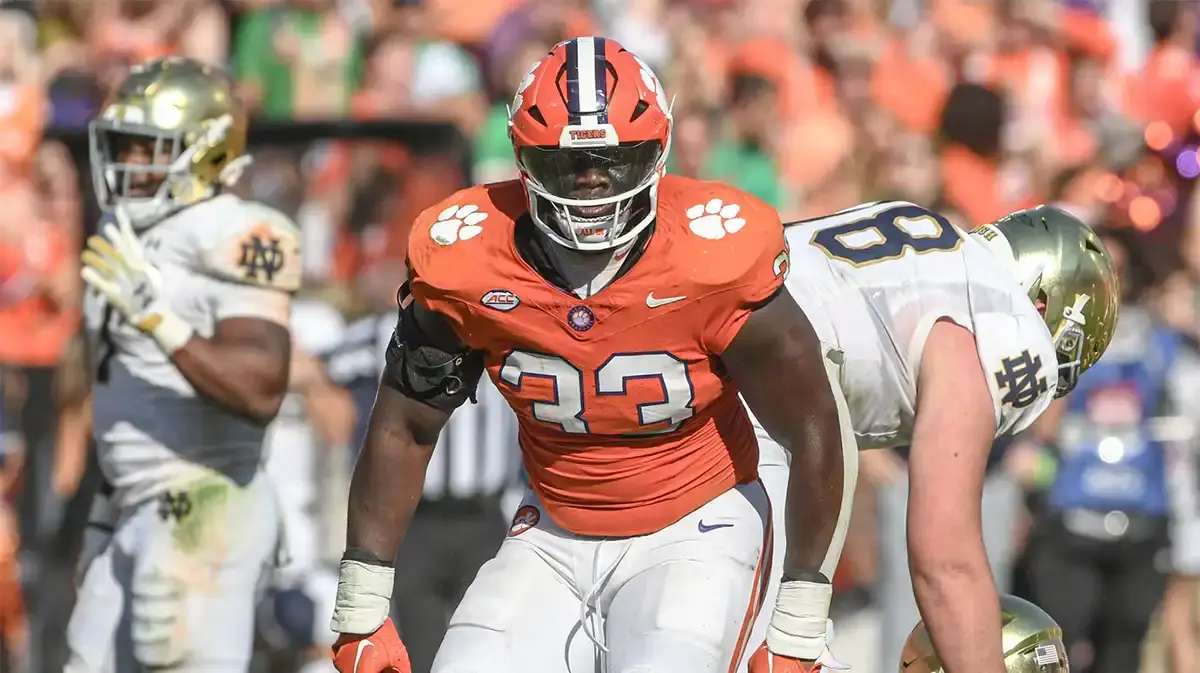 Clemson Tigers defensive tackle Ruke Orhorhoro (33) celebrates after a tackle against the Notre Dame Fighting Irish during the fourth quarter at Memorial Stadium