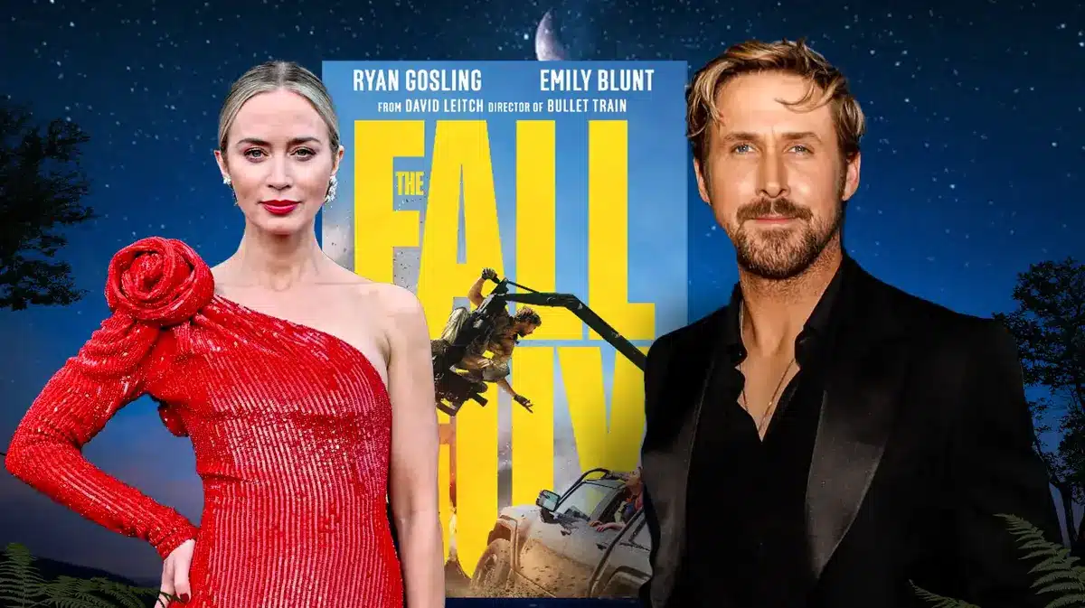 Emily Blunt and Ryan Gosling; The Fall Guy poster in the middle