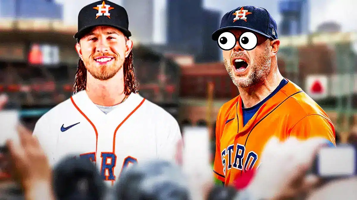 Astros' Ryan Pressly eyes popping out looking at Astros' Josh Hader. Minute Maid Park background.