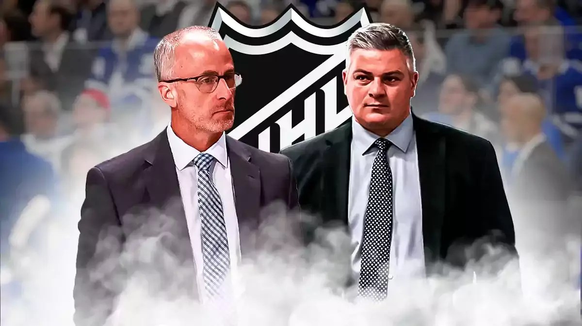 Don Granato, Sheldon Keefe. NHL Logo in background