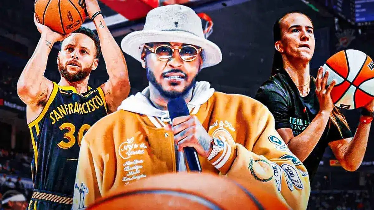 Carmelo Anthony in the middle of New York Liberty guard Sabrina Ionescu and Golden State Warriors guard Stephen Curry